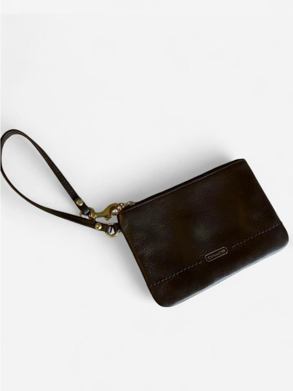 Coach Dark Brown Leather Wristlet Clutch With Brass Hardware